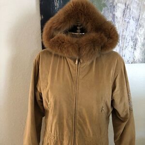 BOGNER Light Brown Faux Suede w/ Fox Fur Hood Full Zip Jacket